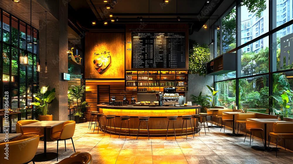 Aufkleber 3d rendering of a modern cafe interior design with a curved bar and a view of lush greenery