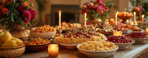 A Table Full of Delicious Food with Candles and Flowers - Realistic Photo