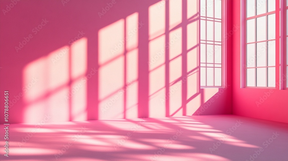 Poster sunlight casts geometric shadows through large windows onto vibrant pink walls and floor, creating a
