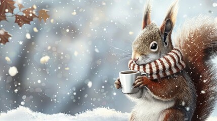 Fototapeta premium Cute squirrel in a scarf holding a coffee cup
