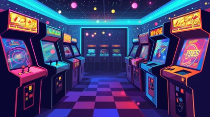 retro gaming arcade retro inspired depiction gaming arcade with colorful arcade cabinets flashing lights and arcade game characters reminiscent arcade culture and ret generated illustration
