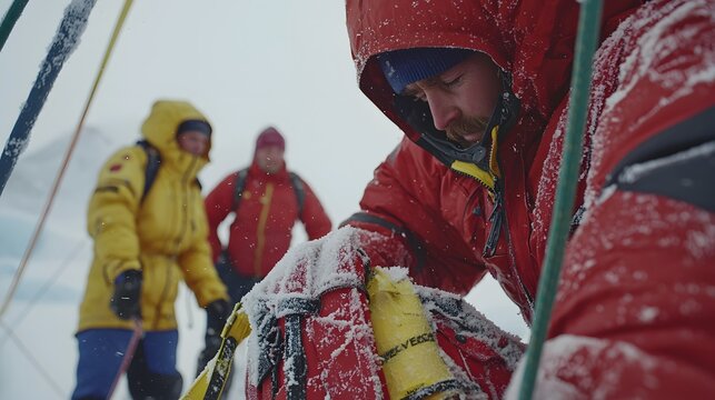Frozen Expedition: A team of explorers battles biting winds and blinding snow as they trudge across an Arctic landscape. Their frost-covered gear tells of their struggle against nature. 