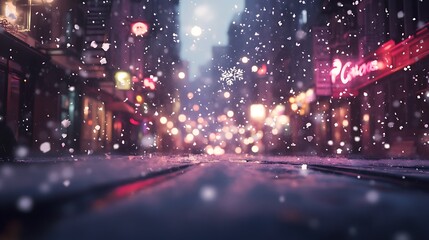 Fototapeta premium A Snowy Night in the City with Blurry Lights