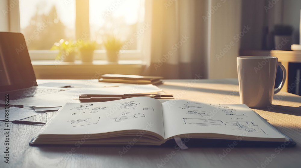 Poster open notebook with sketches on desk with coffee mug and laptop in the background, sun shining throug