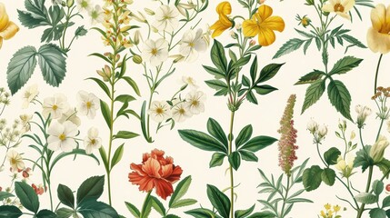 vintage botanical print vintage inspired botanical print featuring intricately detailed illustrations flowers plants and botanical specimens evoking sense old world charm generated illustration