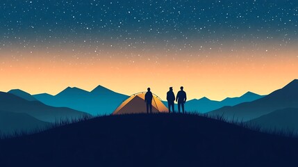 Naklejka premium Hikers Silhouetted Against Starry Mountain Landscape at Dusk,Outdoor Adventure Concept