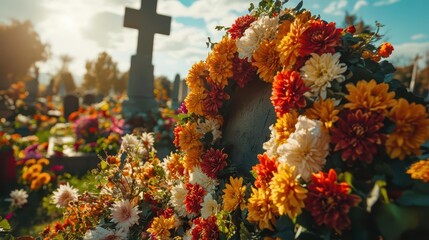 Obraz premium Closeup of a wreath of chrysanthemums hanging on a gravestone, All Saints Day tradition