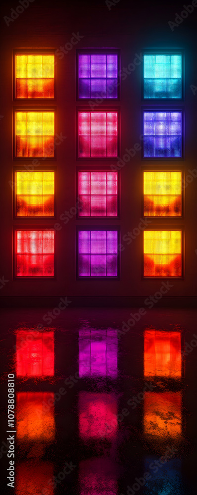Poster three columns of glowing square lights with vibrant colors reflected on a wet surface.