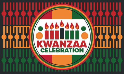 Kwanzaa Happy Celebration. African and African-American culture holiday. Seven days festival, celebrate annual from December 26 to January 1. Black history. Poster, card, banner and background. Vector