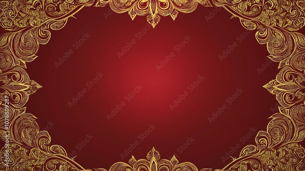 Poster intricate thai pattern background with swirling golden motifs on deep red backdrop