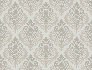 Beige and gray damask pattern with ornate floral elements on a soft white background. Damask seamless pattern.