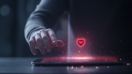 Hand Interacting with Holographic Risk Icon on Digital Tablet