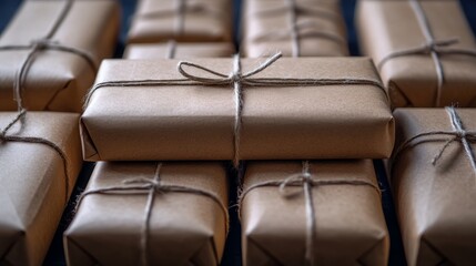 Fototapeta premium Neatly wrapped brown packages tied with twine on a dark surface