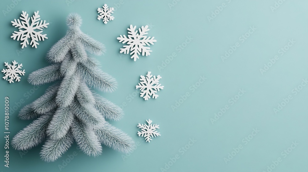 Poster minimalist stylized pine tree with floating snowflakes on turquoise background