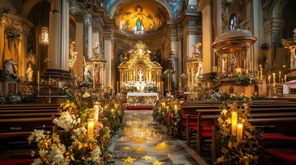 Obraz premium The interior of a church beautifully decorated with golden stars and candles for an Epiphany Mass, celebrating the revelation of Christ