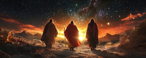 The Three Kings approaching Bethlehem under a dark sky filled with stars, symbolizing their long journey and the revelation of Christ on Epiphany