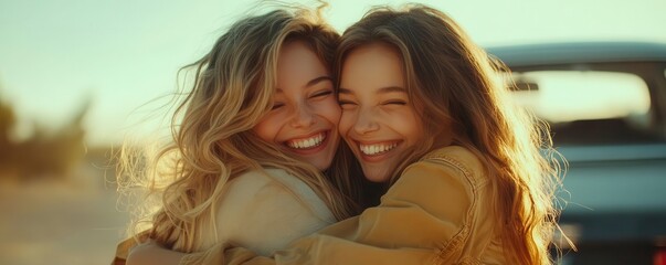 Two best friends hugging each other tightly after reuniting, expressing pure joy and friendship on International Hug Day