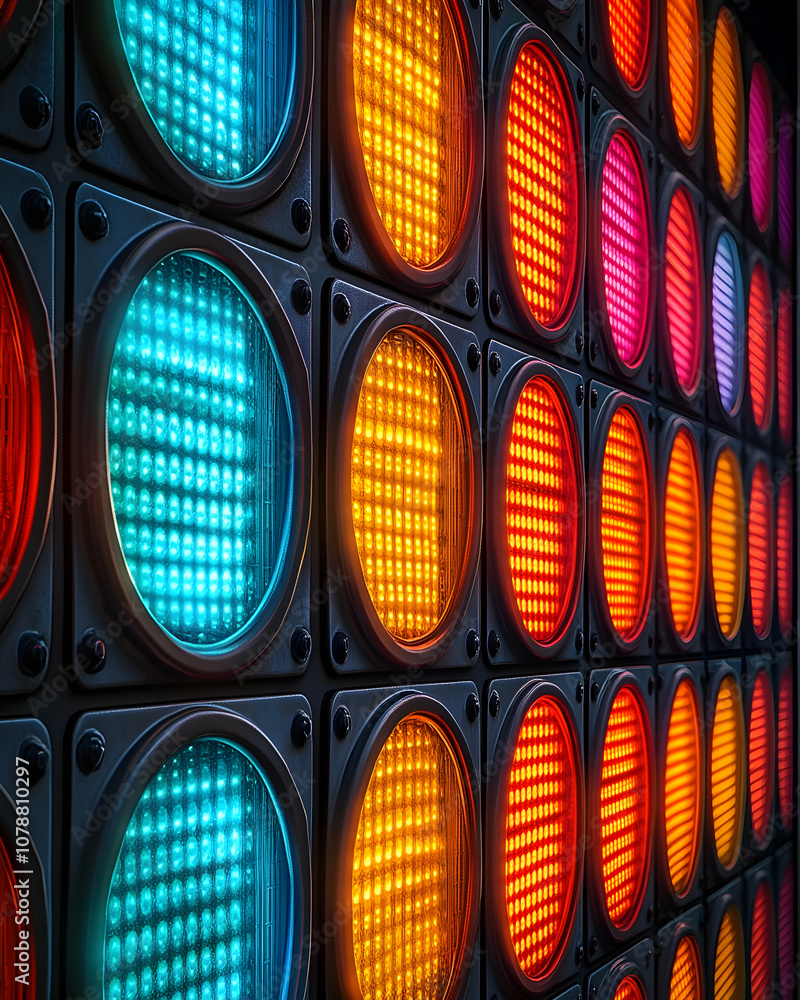 Poster a wall of colorful led lights in a grid pattern.