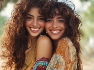 Fototapeta premium Woman embracing her partner from behind, both smiling as they share a tender moment