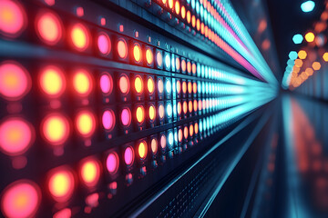 A wall of glowing red, orange, and blue lights in a futuristic setting.