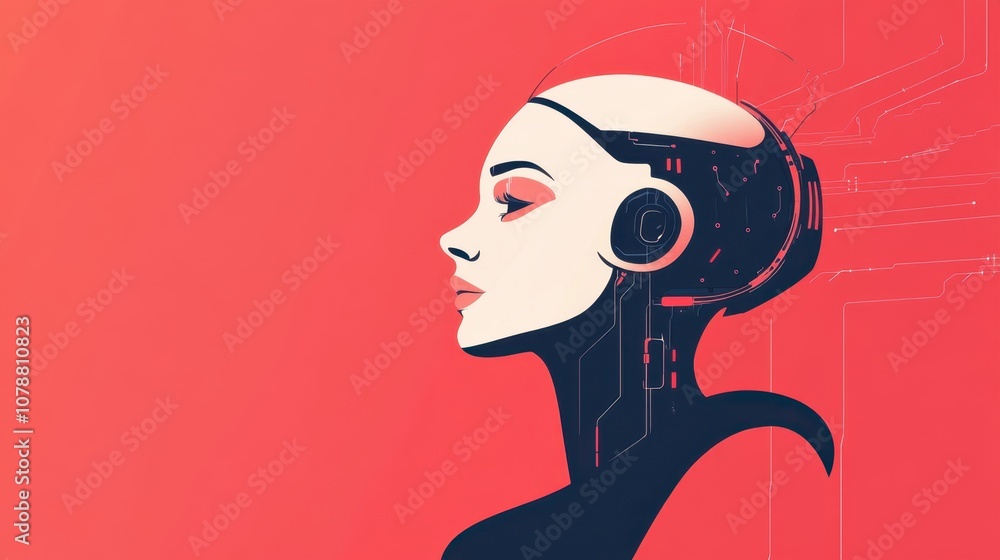Poster stylized, futuristic robot head in profile, set against a vibrant red background. the robot features