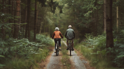 Obraz premium Elderly man and woman riding bicycles through autumn forest or park, rear view. Sports in retirement, healthy lifestyle, active old age.