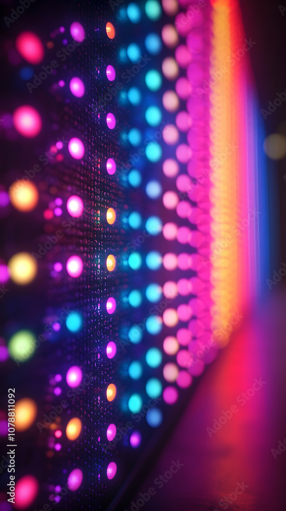 Poster colorful led lights create a vibrant and abstract pattern, blurring into a soft, out-of-focus backgr