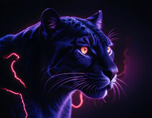 A neon blue and purple panther with glowing red eyes standing on a dark background