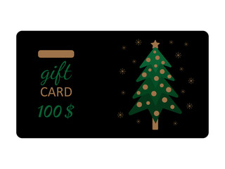 Gift card for 100 dollars isolated on transparent and white background. Green Christmas tree with toys balls, star and snowflakes on black background. Christmas certificate for purchasing goods. 