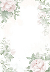 Watercolor white floral frame, tropical flowers in the corners of an empty rectangle, white background, pink and green color palette, vector illustration, with white space on all sides.