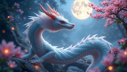 Fototapeta premium A serene white dragon under the full moon, surrounded by cherry blossoms, represents calm and mystical elegance in a magical Lunar New Year night scene
