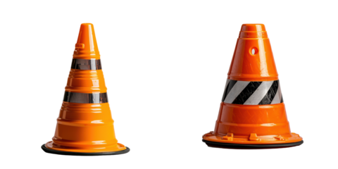 Two bright orange traffic cones with black stripes isolated on a white background.