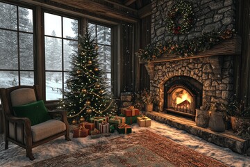 Fototapeta premium Cozy house interior with a stone fireplace decorated for Christmas, a chair, a green gift under the tree, and snow outside the window.