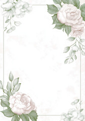Watercolor white floral frame, tropical flowers in the corners of an empty rectangle, white background, pink and green color palette, vector illustration, with white space on all sides.