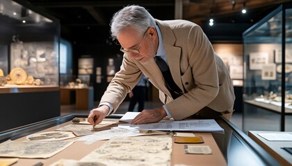 A focused historian examines ancient documents at a museum, exploring history through artifacts and research in a well-lit exhibit space.