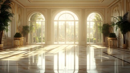 A luxurious, sunlit interior with marble flooring and elegant plants.