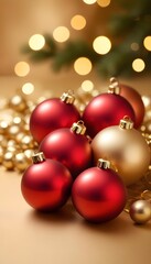 Elegant Red Baubles with Metallic Sheen on Gold Bokeh Background