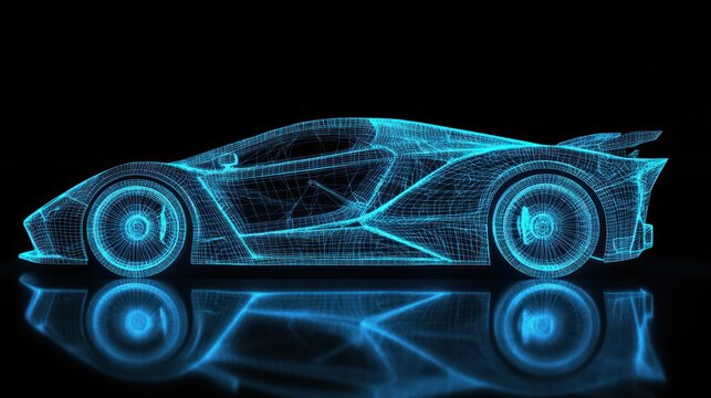 A wireframe representation of a sleek sports car, rendered in a vibrant blue glow,  against a black background, with a reflective surface below. - Powered by Adobe