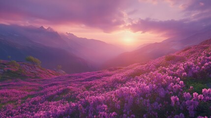 Obraz premium Vibrant purple wildflowers bloom on a hillside with a majestic mountain range in the background at sunset.