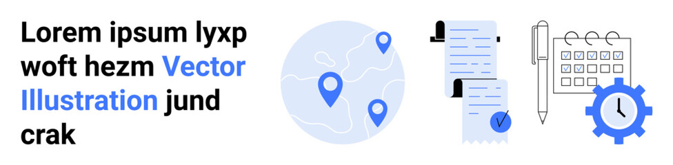 Map with location pins, checklists, and calendar with gear icon. Ideal for project management, task planning, workflow optimization, business strategy, time management, productivity tools, corporate