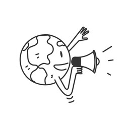 hand drawn doodle earth globe character mascot holding megaphone