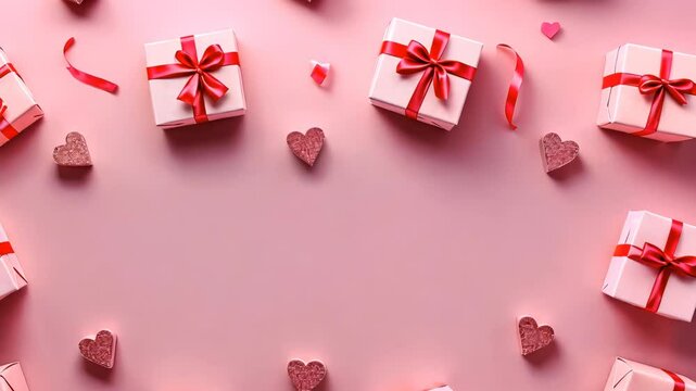 Pink gift boxes with love heart textures and red ribbons. Center space for text. All on a pastel pink background.