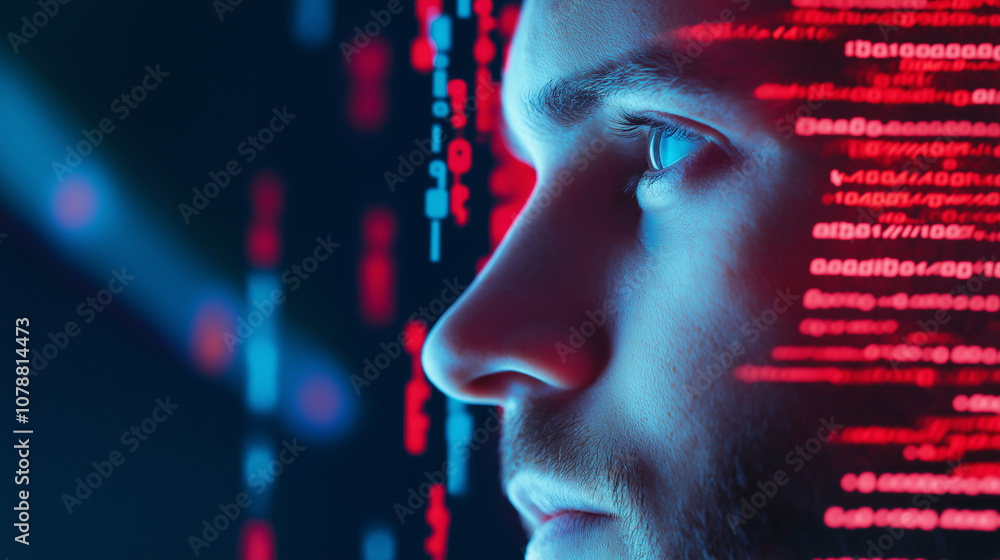Poster close-up of a man’s face illuminated by blue and red digital data projections, representing technolo