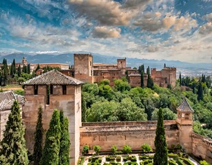 The Historic Alhambra Palace in Granada, Spain, Surrounded by Lush Gardens and Overlooking the City, Representing a Blend of Moorish and Spanish Architectural Styles