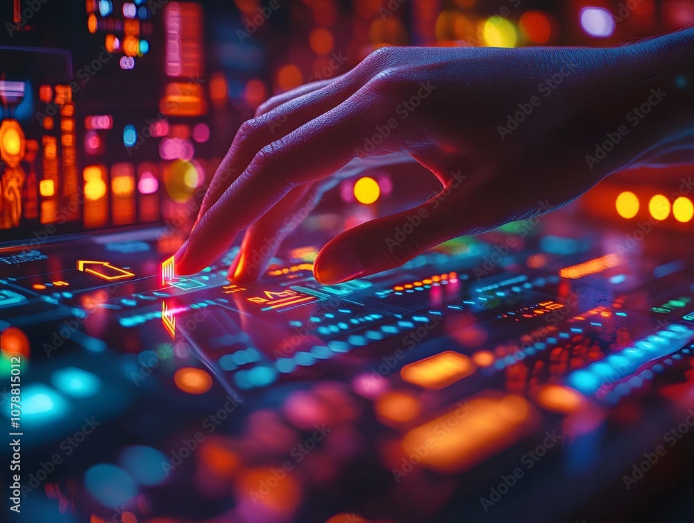 Aufkleber a hand interacts with a vibrant, illuminated control panel displaying various digital elements.
