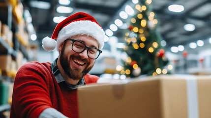 Workers in a holiday-decorated warehouse wearing Santa hats, packing boxes in a festive, busy environment.