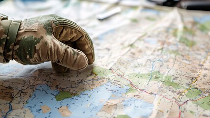 A gloved hand points to a detailed map, highlighting navigation and exploration, emphasizing strategies in a military or outdoor context.