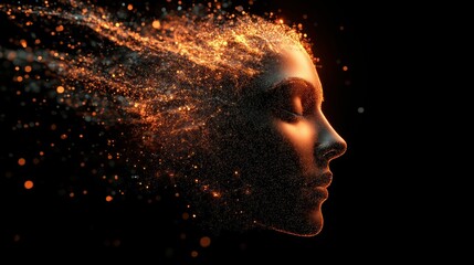 A woman's face is formed from particles of light, with her hair flowing out in a stream of sparks.