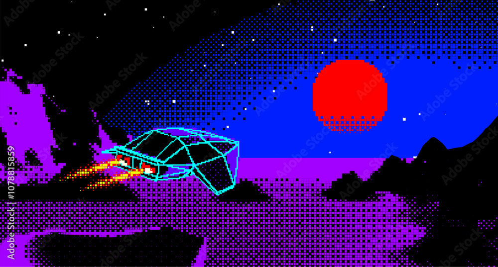 Poster arcade space ship flying to the sun over the blue landscape in 8bit pixel style with 3d mountains. 8