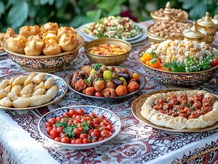 Delicious Turkish Food Spread on Tablecloth - Photo